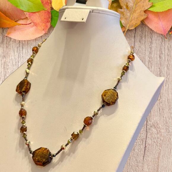 Amber & Gold Foiled Glass Beaded Artisan Necklace - Picture 7 of 7